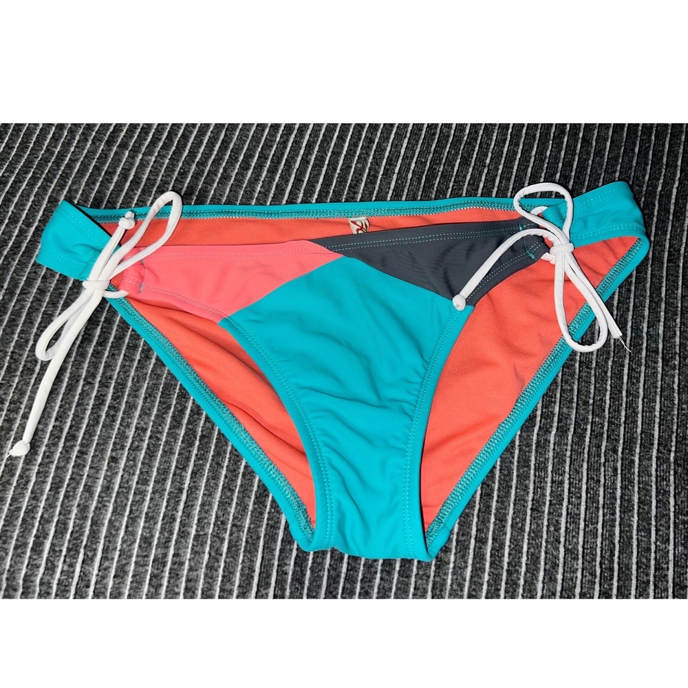 Hobie Womens Colorblock Side Tie Bikini Bottoms Teal Coral Grey Low Rise